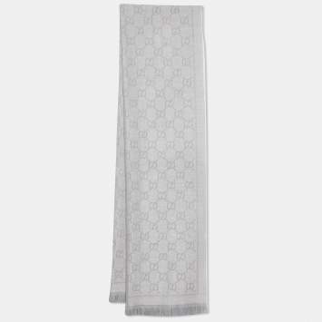 Pre Owned Gucci Grey GG Patterned Wool Fringed Scarf