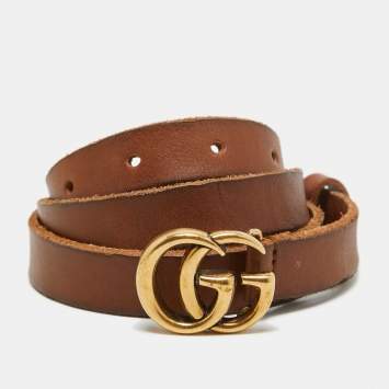 Pre Owned Gucci Brown Leather Double G Slim Buckle Belt 85CM