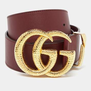Pre Owned Gucci Burgundy Leather GG Marmont Wide Waist Buckle Belt 80CM