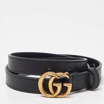 Pre Owned Gucci Black Leather GG Marmont Slim Buckle Belt 75CM