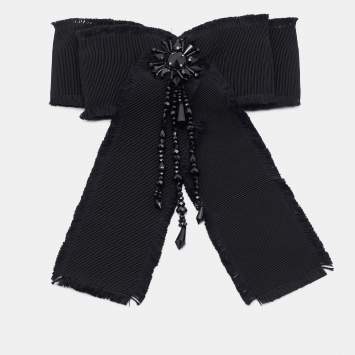Pre Owned Gucci Black Bead Embellished Bow Brooch