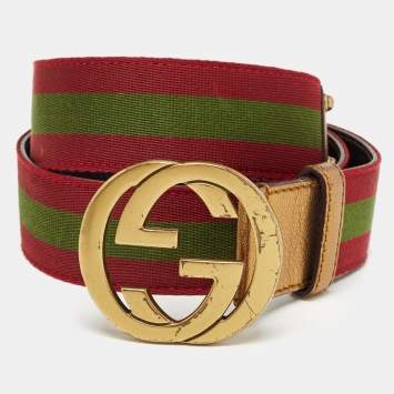 Pre Owned Gucci Burgundy Leather and Web Detail Interlocking GG Buckle Belt 95 CM