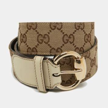 Pre Owned Gucci Beige/Cream GG Canvas and Leather Horsebit Ring Buckle Belt 85 CM