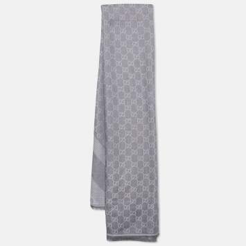 Pre Owned Gucci Grey Striped GG Jacquard Wool & Silk Shawl