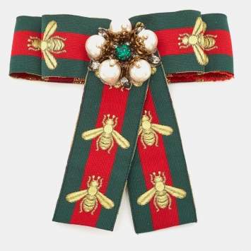 Pre Owned Gucci Green Bee Embroidered Web Ribbon Embellished Bow Brooch