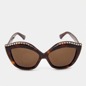 Pre Owned Gucci Brown Gradient GG 0118S Crystals Embellished Cat Eye Sunglasses