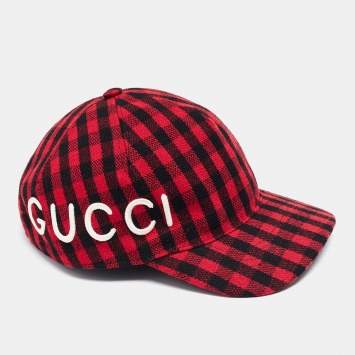 Pre Owned Gucci Red/Black Loved Gingham Flannel Baseball Cap S
