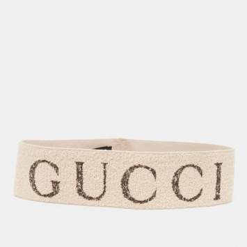 Pre Owned Gucci Beige Logo Patterned Stretch Knit Head Band 