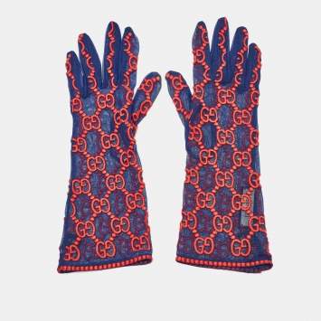 Pre Owned Gucci Blue/Red GG Embroidered Tulle Gloves M
