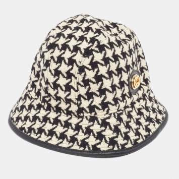 Pre Owned Gucci Monochrome Houndstooth Wool & Cotton Bucket Hat M