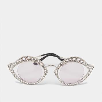 Pre Owned Gucci Lilac/Silver GG0046S Crystals Eye Round Sunglasses