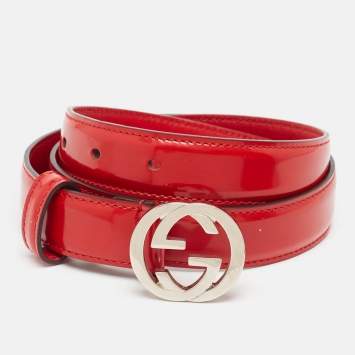 Pre Owned Gucci Red Patent Leather Interlocking G Buckle Belt 80CM