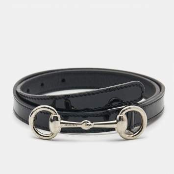 Pre Owned Gucci Black Patent Leather Horsebit Slim Belt M