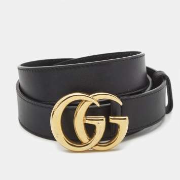 Pre Owned Gucci Black Leather GG Marmont Buckle Belt 95CM
