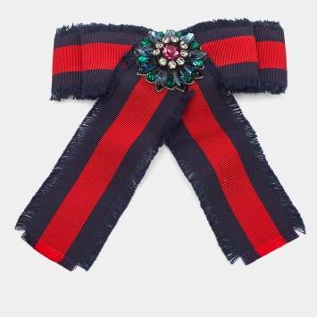 Pre Owned Gucci Blue & Red Grosgrain Web Crystal Bow Two Tone Metal Brooch