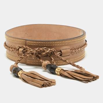 Pre Owned Gucci Beige Leather Tassel Waist Belt 80 CM