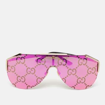 Pre Owned Gucci Pink Guccissima Mirrored GG0584S Mask Sunglasses