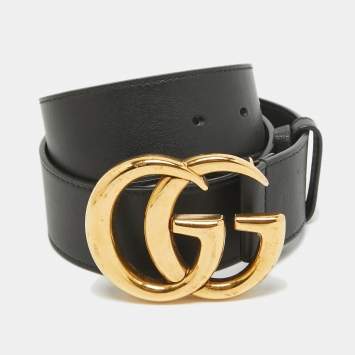Pre Owned Gucci Black Leather GG Marmont Buckle Belt 70CM