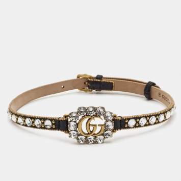 Pre Owned Gucci GG Crystals Leather Gold Tone Choker Necklace