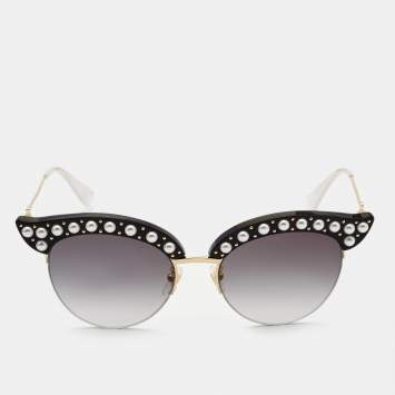 Pre Owned Gucci Black Gradient GG0212S Pearl Studded Cat Eye Sunglasses