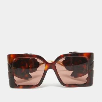 Pre Owned Gucci Brown Tortoise GG0535S Leaf Motif Oversized Sunglasses