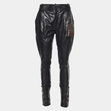 Pre Owned Gucci Black Leather Button Detail Pants S