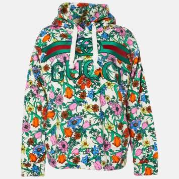 Pre Owned Gucci Beige Printed and Embroidered Knit Hoodie S