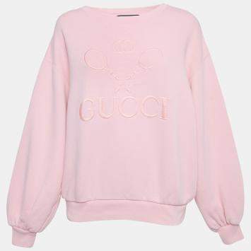 Pre Owned Gucci Pink Embroidered Cotton Knit Sweatshirt S