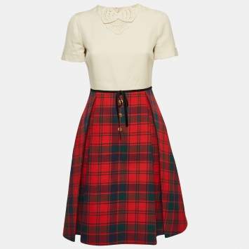 Pre Owned Gucci Beige/Multicolor Plaid Wool Short Dress S