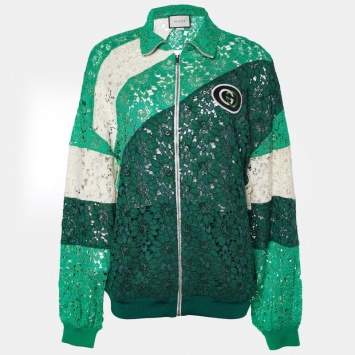 Gucci Green Logo Patch Lace Panelled Track Jacket XS