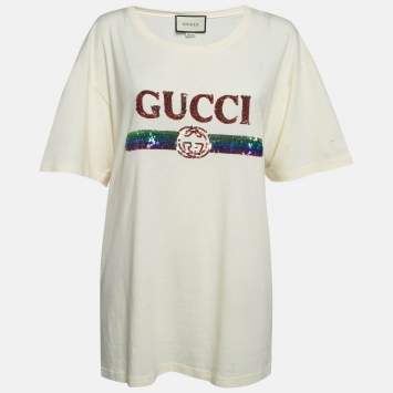 Pre Owned Gucci Cream Sequin Logo Cotton Crew Neck T-Shirt L