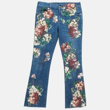 Pre Owned Gucci Blue Floral Hand Painted Denim Jeans XS Waist 23"