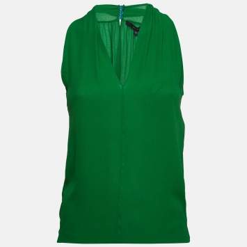 Pre Owned Gucci Green Silk Crepe V Neck Sleeveless Top S