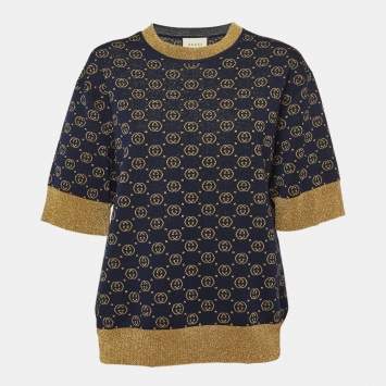 Pre Owned Gucci Navy Blue GG Lame Knit Top S
