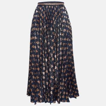 Pre Owned Gucci Navy Blue Heart Pattern Lamé Plisse Midi Skirt S