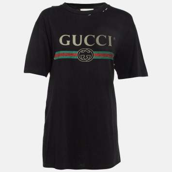 Pre Owned Gucci Black Logo Print Distressed Cotton T-Shirt M
