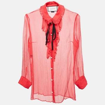 Pre Owned Gucci Pink Chiffon Ruffled Sheer Shirt M