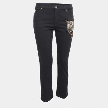 Pre Owned Gucci Black Angry Cat Applique Denim Skinny Jeans M Waist 28"