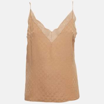 Pre Owned Gucci Beige GG Lace Trim Silk Camisole Top L
