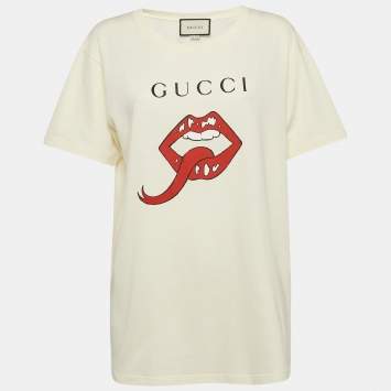 Pre Owned Gucci Cream Mouth Print Cotton Knit Crew Neck T-Shirt S