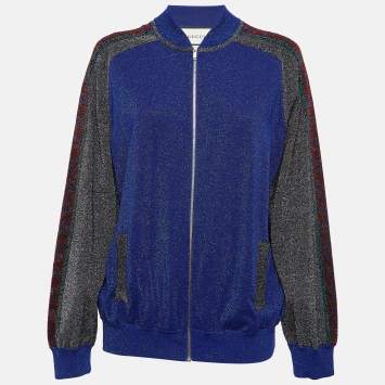 Pre Owned Gucci Blue GG Intarsia Lame Knit Zip Front Jacket L