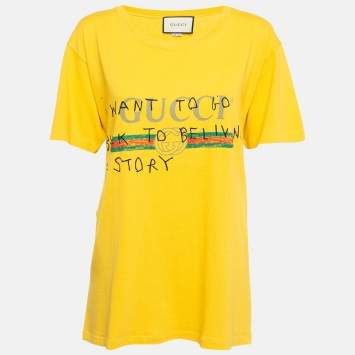 Pre Owned Gucci Yellow Logo Print Coco Capitan Cotton Distressed T-Shirt M