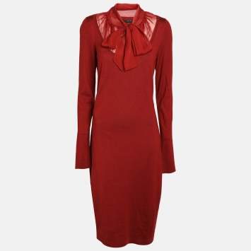 Pre Owned Gucci Burgundy Silk & Wool Knit Midi Dress L