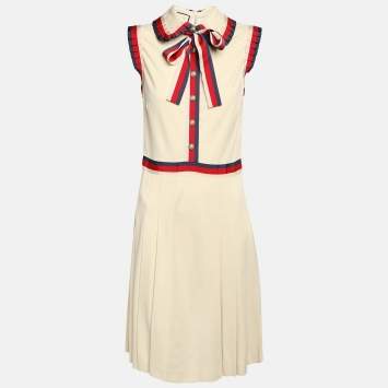 Pre Owned Gucci Cream Stretch Jersey Web Trim Detail Shift Dress S