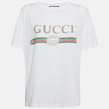 Pre Owned Gucci White Logo Print Distressed Cotton T-Shirt S 