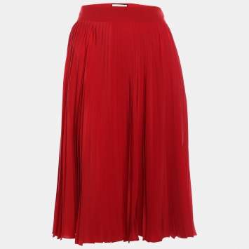 Pre Owned Gucci Red Pleated Silk Midi Skirt M