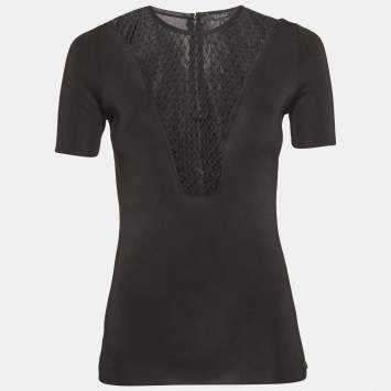 Pre Owned Gucci Black Mesh Insert Rib Knit Short Sleeve Top S