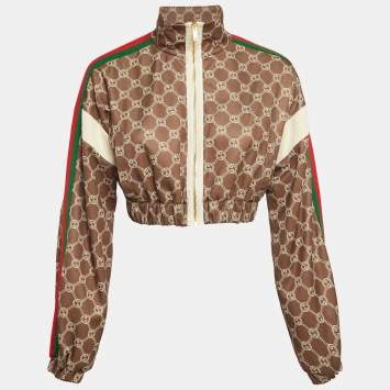 Pre Owned Gucci Olive Green GG Interlocking Print Jersey Cropped Jacket S