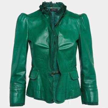 Pre Owned Gucci Green Leather Pleated Crop Leather Jacket M