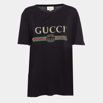 Pre Owned Gucci Black Logo Print Jersey Distressed T-Shirt M